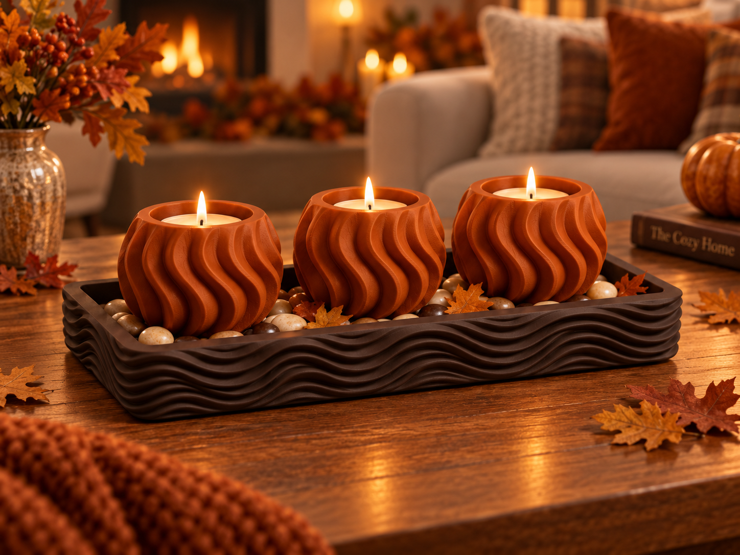 Terracotta wave candle holder trio